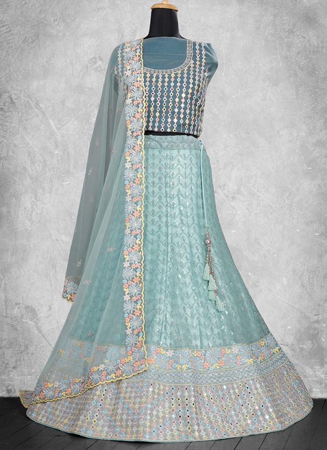 Net Sea Green Wedding Wear Mirror Work Lehenga Choli